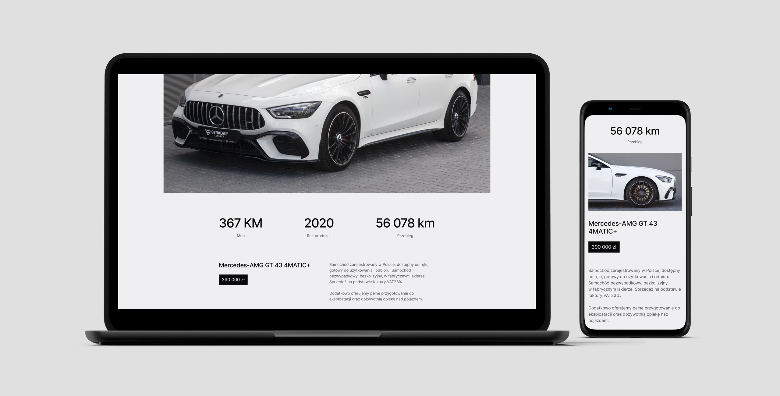 Obrazek z pojedynczą ofertą samochodu w widoku desktopowym i mobilnym