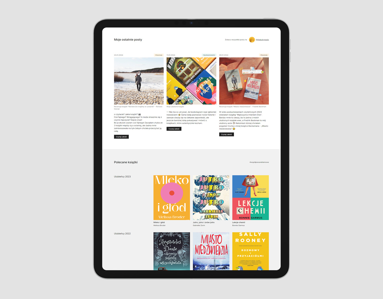 Obrazek z sekcjami: najnowsze posty z Instagrama i rekomendowane książki