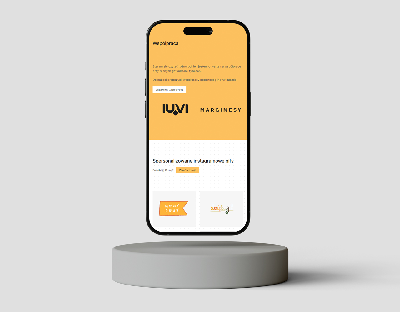 Obrazek z widokiem mobilnym sekcji współpraca i karuzelą z animowanymi GIFami