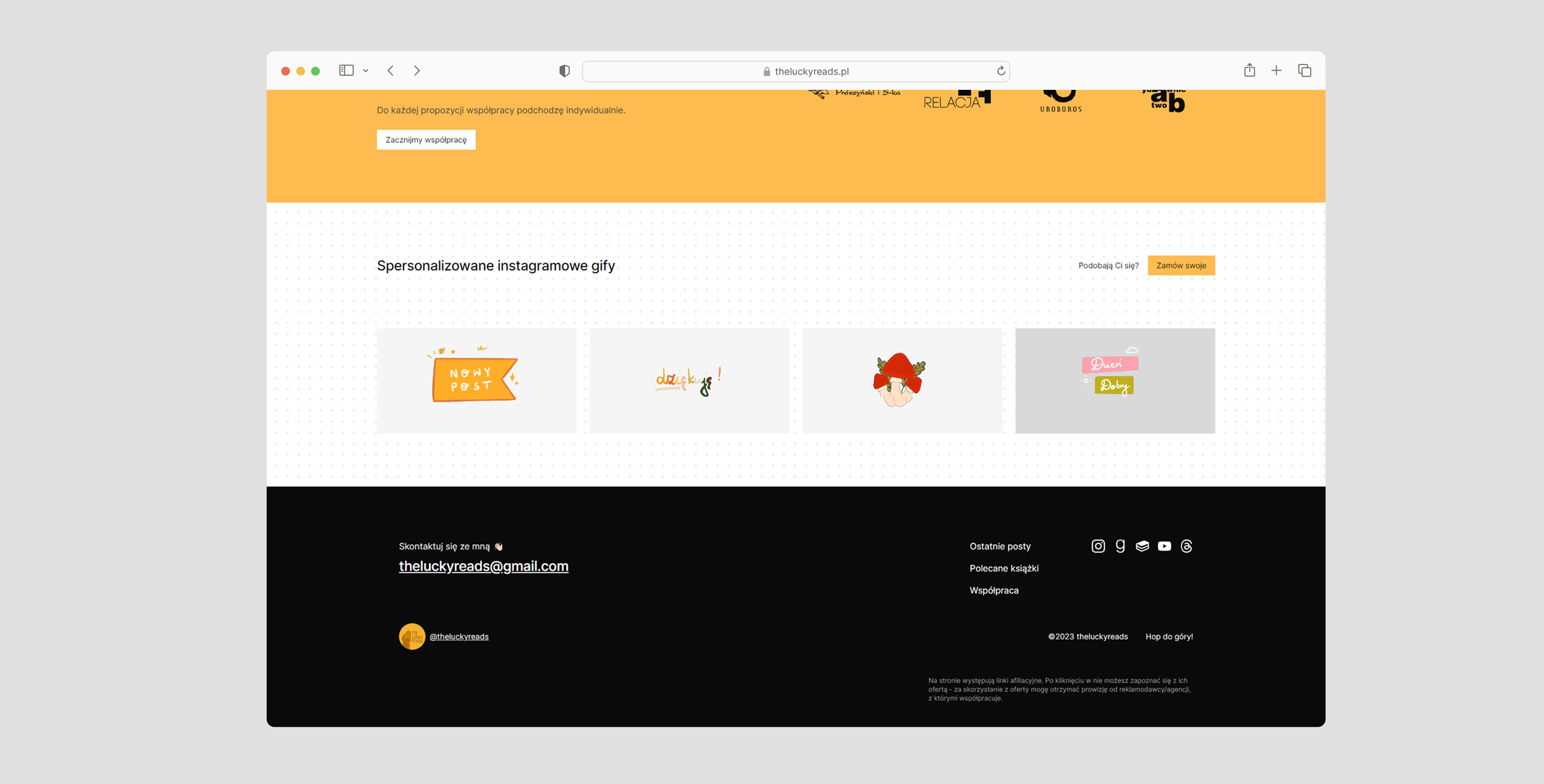 Obrazek z karuzelą z animowanymi GIFami oraz widokiem na footer